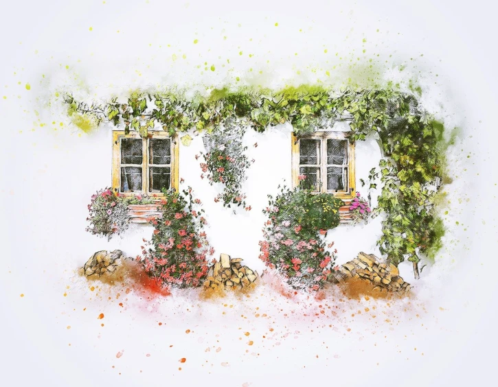 a watercolor painting of a house with two windows, a watercolor painting, by Karl Pümpin, shutterstock contest winner, flowering vines, blurred and dreamy illustration, mixed media style illustration, very beautiful photo