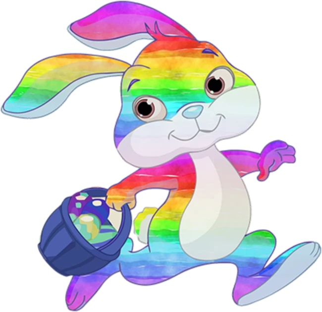 a cartoon bunny running with an easter basket, inspired by Lisa Frank, pixabay, graffiti, holographic rainbow, full body close-up shot, hug, ((oversaturated))
