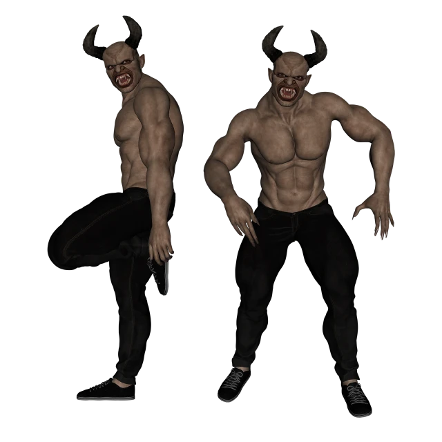 a couple of men standing next to each other, a 3D render, inspired by Daryush Shokof, horned, full body shots, a devilish grin on his face, various poses