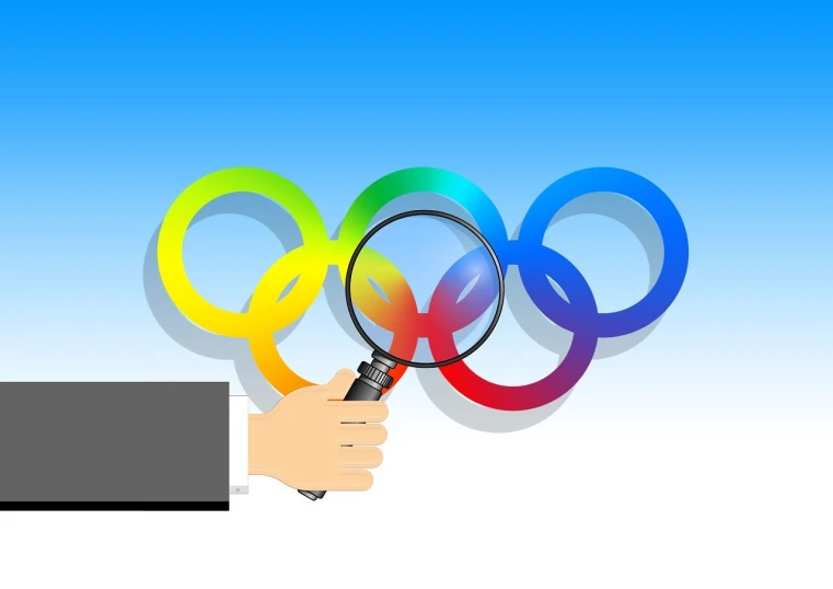 a hand holding a magnifying lou lou lou lou lou lou lou lou lou lou lou lou lou lou lou lou lou lou lou lou lou, an illustration of, by Okuda Gensō, shutterstock, olympics event 1930's, precise! vector trace, olympics ceremony, color interference