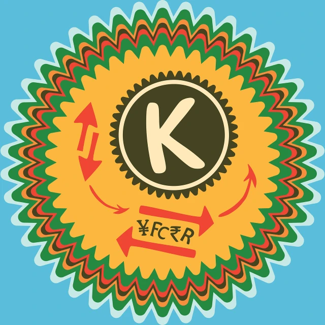 a picture of a flower with the letter k on it, an illustration of, inspired by Kagaku Murakami, kitsch movement, cogwheel, retro label, ripple, reggae