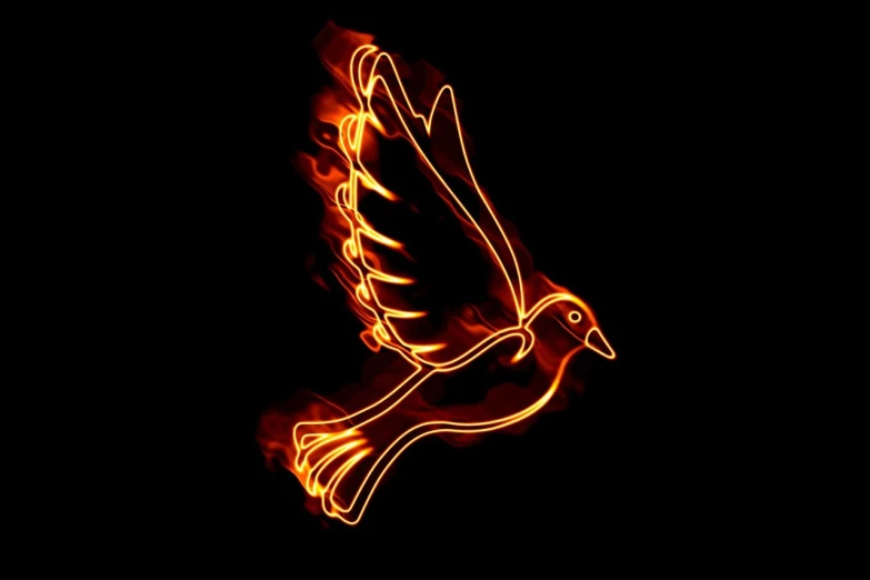 a bird that is flying in the dark, by Rodney Joseph Burn, digital art, glowing fire background, neon outline, 2 0 1 0 photo