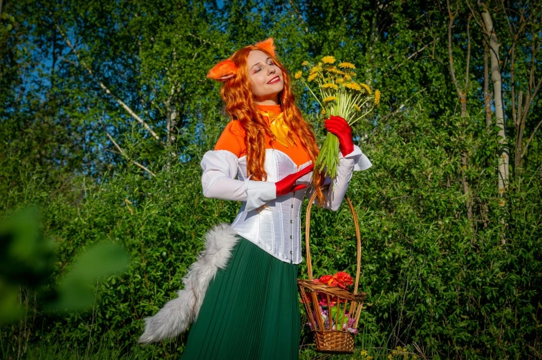 a woman dressed as a fox holding a basket of flowers, a portrait, by Nina Petrovna Valetova, shutterstock, hisoka from hunter × hunter, high quality image, group photo, full photo