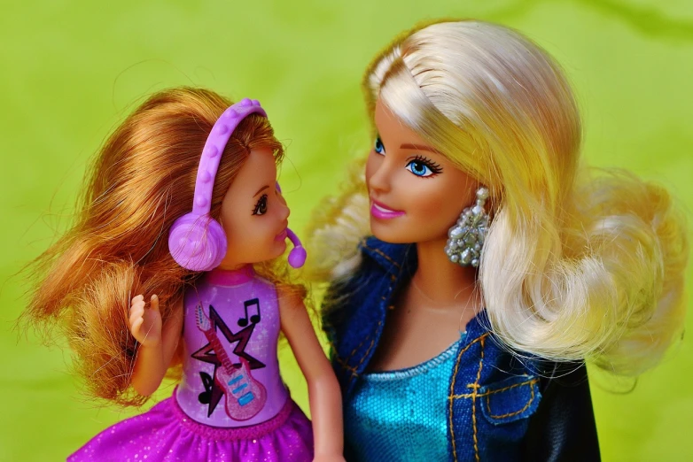 a couple of dolls standing next to each other, a picture, pixabay, pop art, portrait of barbie doll, pop figure of mom with long, blonde - haired princess, toy photo