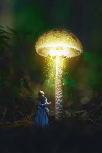 a woman in a blue dress standing in front of a mushroom, magical realism, high quality fantasy stock photo, glowing spores flying, reading, illuminating the area
