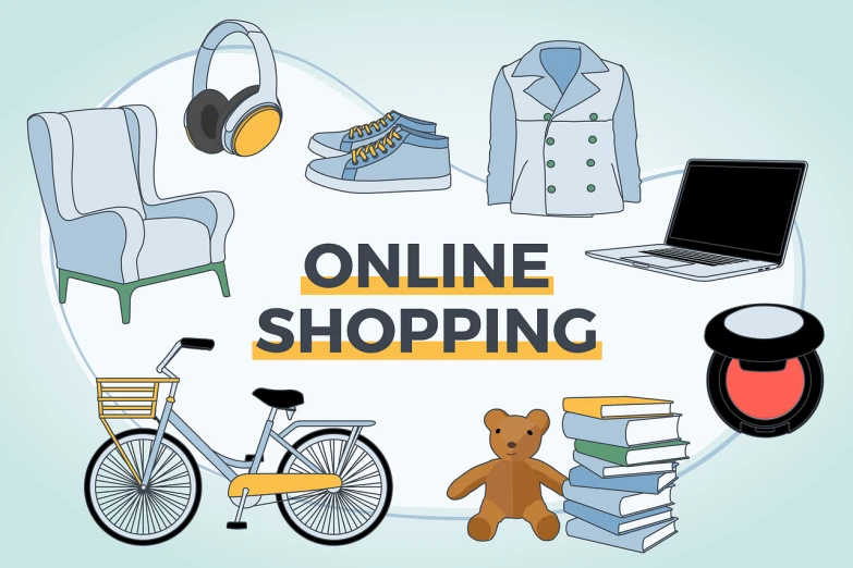 the words online shopping surrounded by various items, trending on pixabay, wikihow illustration, mall background, whole page illustration, sit - com