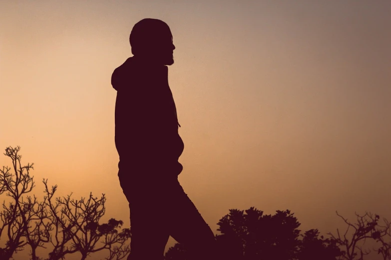 a silhouette of a man riding a skateboard at sunset, a picture, by Eglon van der Neer, pexels, happening, an arab standing watching over, hooded, standing in the grass at sunset, profile posing