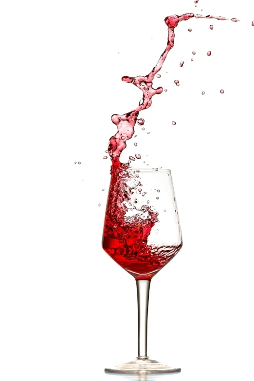 a red wine being poured into a wine glass, a digital rendering, by Joe Bowler, shutterstock, renaissance, set against a white background, splashing, monochrome and red color bleed, jumping towards viewer