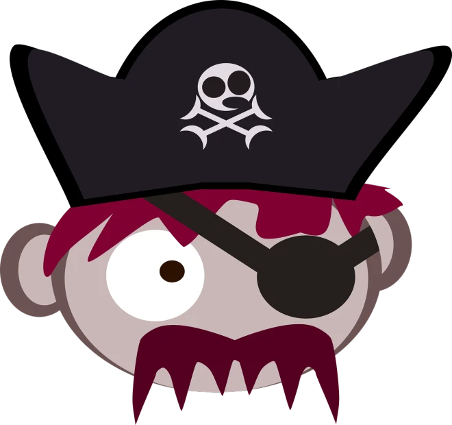 a cartoon pirate with a pirate hat and eye patch, a digital rendering, inspired by Awataguchi Takamitsu, deviantart, mingei, looming head, scary picture in color, cute face. dark fantasy, pointed teeth and several eyes