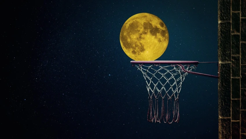 a basketball hoop with a full moon in the background, a picture, by John Moonan, trending on dribble, surrealism, 4 k hd wallpapear, yellowish full moon, nets, profile image
