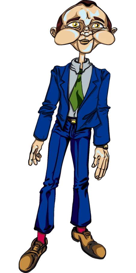a cartoon man wearing a suit and tie, inspired by Sadamichi Hirasawa, sots art, full color manga visual style, man in dark blue full body suit, close up character, yugioh art style