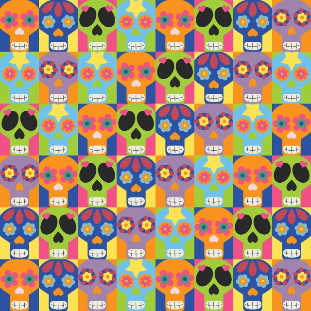 a colorful pattern with skulls and hearts, vector art, 4k high res, full of colour 8-w 1024, perfectly tileable, flower