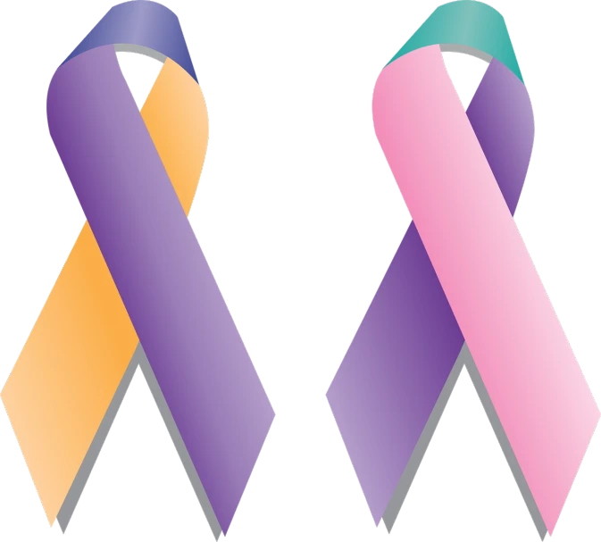 two different colored ribbons on a black background, an illustration of, by Robert Childress, purple skin color, men and women, no gradients, the cure for cancer