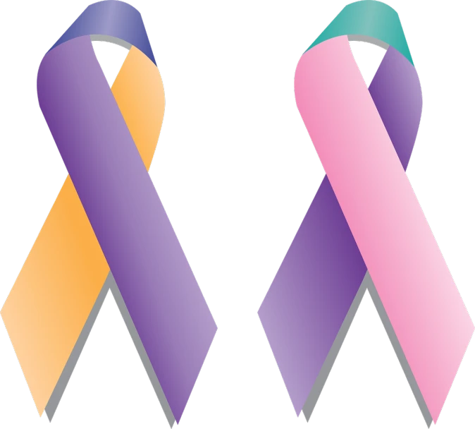 two different colored ribbons on a black background, an illustration of, by Robert Childress, purple skin color, men and women, no gradients, the cure for cancer