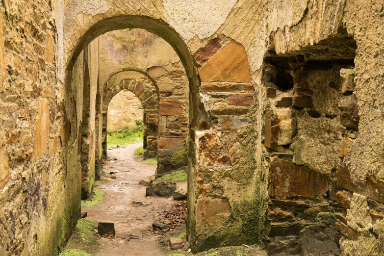an archway in a stone building with moss growing on the ground, by Robert Brackman, shutterstock, dilapidated houses, roman bath, interior view, portait photo