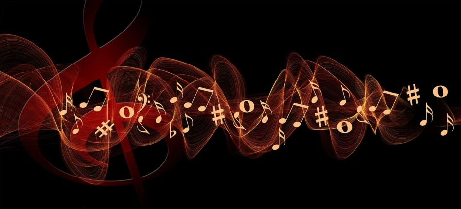 a number of musical notes on a black background, pixabay, digital art, waves of energy, singer - songwriter, tinnitus, hot