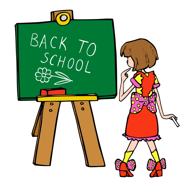 a woman standing in front of a blackboard with the words back to school written on it, a picture, by Harry Beckhoff, graffiti, no gradients, on black background, children illustration, back shot