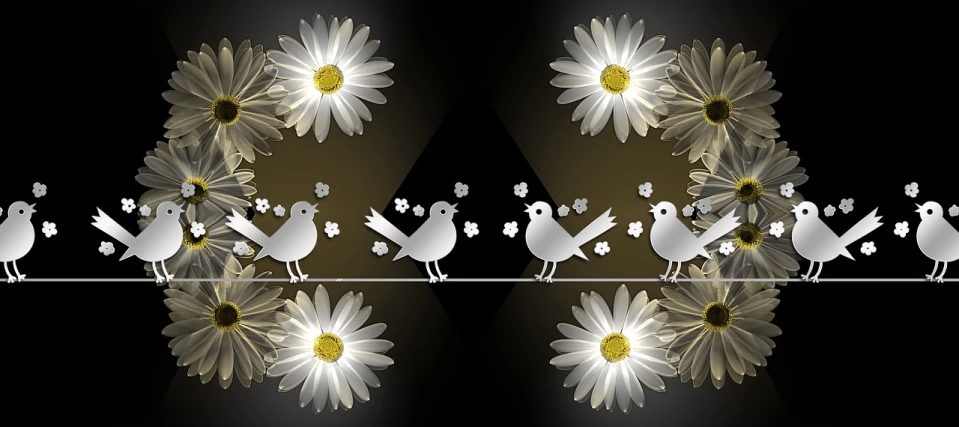 a group of birds that are standing on a wire, vector art, inspired by Josef Mánes, trending on pixabay, digital art, white flowers on the floor, glowing with silver light, daisies, made out of shiny white metal