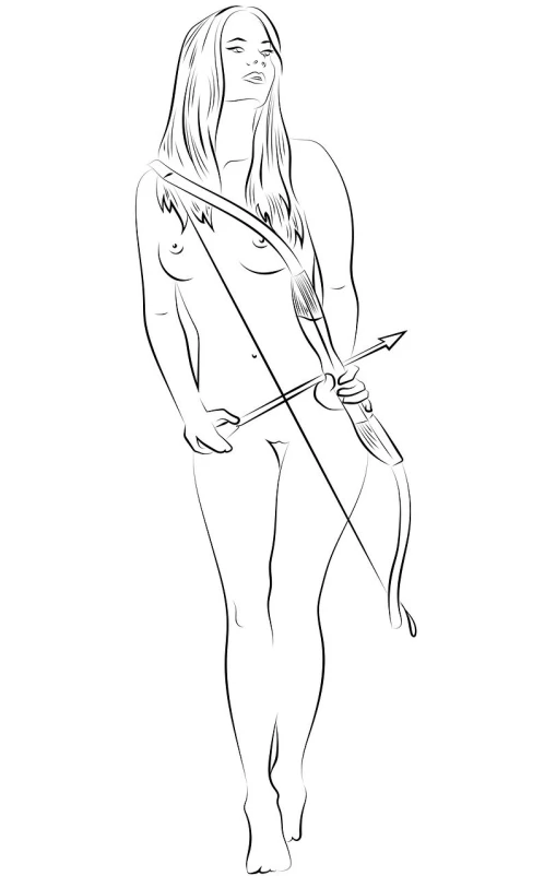 a drawing of a woman with a bow and arrow, lineart, trending on pixabay, full body concept, wearing loincloth, drawing 4k, vector tracing