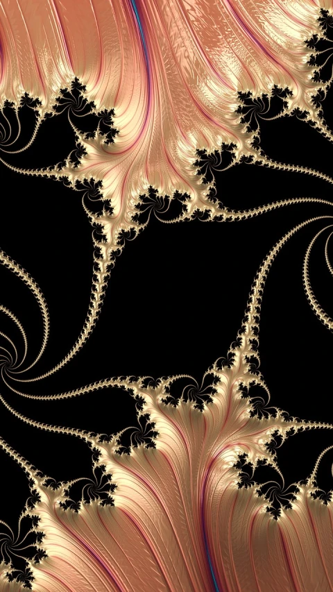 a black background with gold and pink swirls, inspired by Benoit B. Mandelbrot, trending on cg society, golden thread, ornate spikes, twisting leaves, gold and pearls