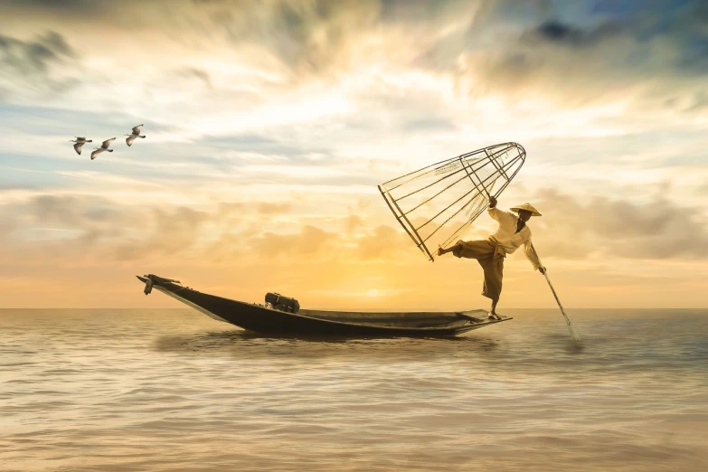 a man that is standing on a boat in the water, by Ibrahim Kodra, pixabay contest winner, fantastic realism, myanmar, wallpaper 4 k, leaping, fisherman
