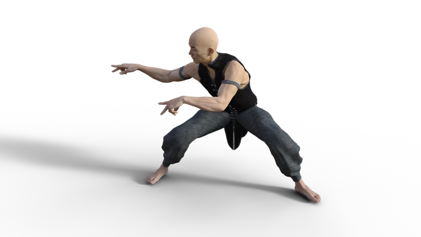 a man that is jumping in the air, a digital rendering, inspired by Liao Chi-chun, zbrush central, bald male swashbuckler, mma southpaw stance, full body picture of a male monk, fully body photo