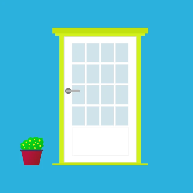 a door with a potted plant in front of it, behance, colorful vector illustration, with fluo colored details, floating. greenish blue, everyday plain object