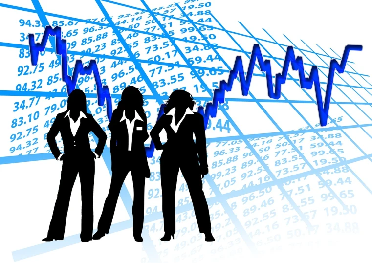 a group of business people standing next to each other, an illustration of, figuration libre, trading stocks, three women, matrix style, commercial photo