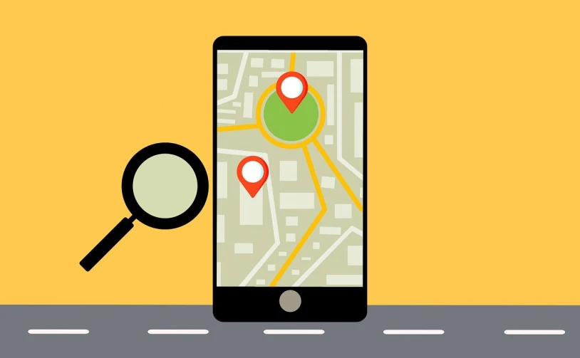 a phone with a map and a magnifying glass, a digital rendering, by Carey Morris, pixabay, happening, created in adobe illustrator, streetview, simple stylized, directions