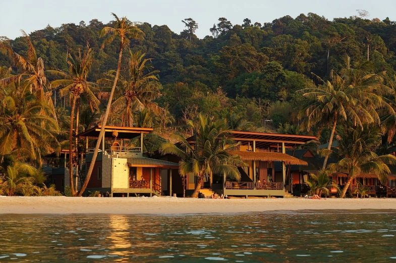 a couple of houses sitting on top of a sandy beach, sumatraism, luxurious wooden cottage, warm coloured, golden light, palm leaves on the beach