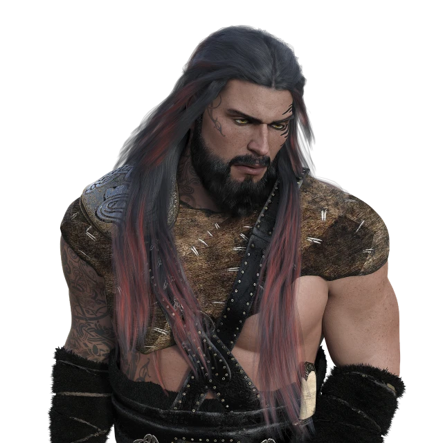 a close up of a person with long hair, a character portrait, trending on cg society, muscular male hero, black beard, highly detailed and colored, elaborate long hairstyle