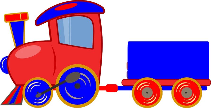 a red and blue train with a blue caboose, pixabay, digital art, rubber hose animation, children\'s book drawing, on black background, wheel