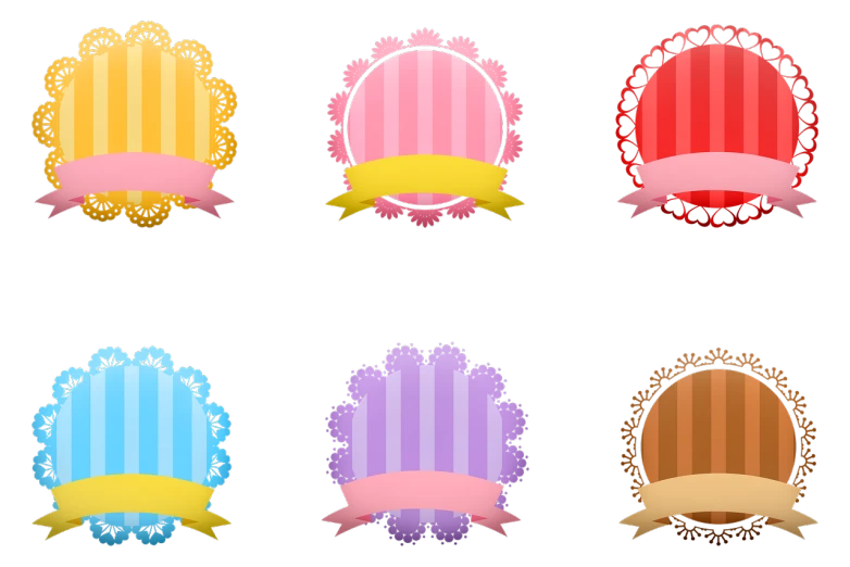 a set of four different colored labels on a black background, vector art, by Nakahara Nantenbō, flickr, sōsaku hanga, victorian lace, round thighs, cutie mark, 8k!!