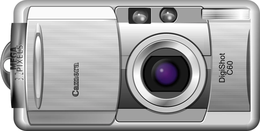 a silver digital camera with a purple lens, a picture, by Andrei Kolkoutine, photorealism, app icon, background canon, in style of ultra realistic, front camera