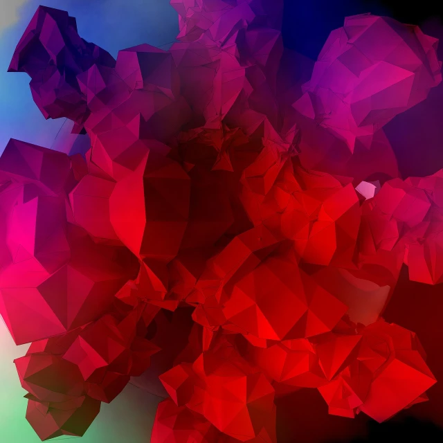 a bunch of red cubes sitting on top of each other, digital art, crystal cubism, beautiful deep colors, petals, polygonal fragments, colorful hyperbolic background