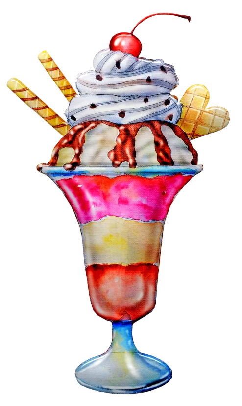 an ice cream sundae with a cherry on top, a digital rendering, by Ren Bonian, pop art, watercolor artwork of exotic, on black background, full - view, cutout