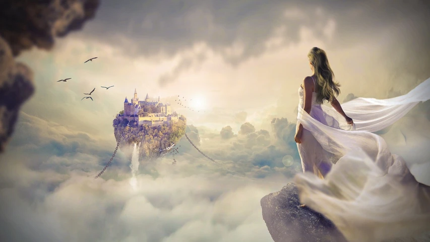 a woman standing on top of a cliff next to a castle, inspired by Johfra Bosschart, pixabay contest winner, fantasy art, flying above the clouds, sky bridge, dreamy soft, in white clouds fairyland