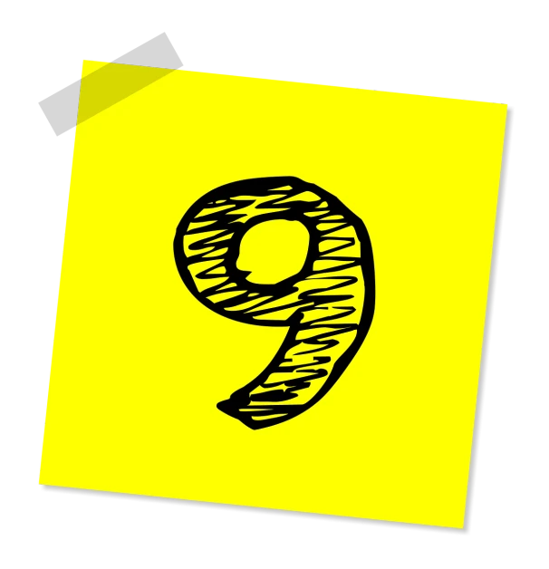a note paper with the number nine drawn on it, an illustration of, pop art, colors: yellow, with a black background, sketch illustration, pictogram