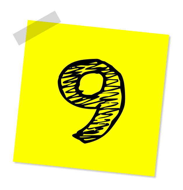 a note paper with the number nine drawn on it, an illustration of, pop art, colors: yellow, with a black background, sketch illustration, pictogram