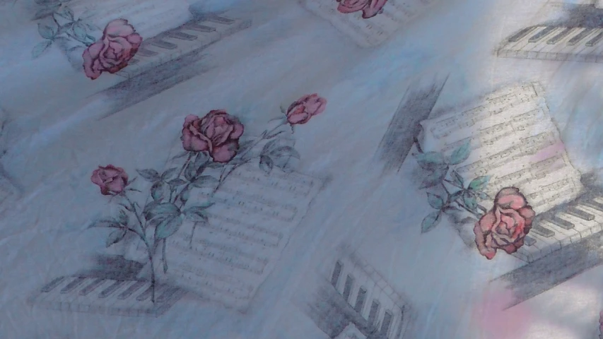 a close up of a sheet of paper with roses on it, a sketch, inspired by Annie Rose Laing, dress in voile, musical notes, high quality fabrics textiles, hand - tinted