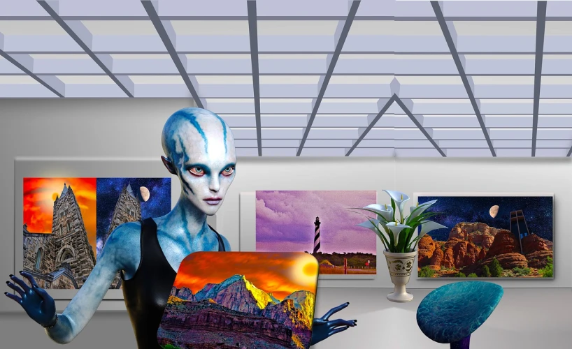 a computer sitting on top of a desk in a room, an airbrush painting, inspired by Johfra Bosschart, deviantart contest winner, computer art, beautiful avatar pictures, ( ( ( alien ) ) ), in an art gallery], avatar movie