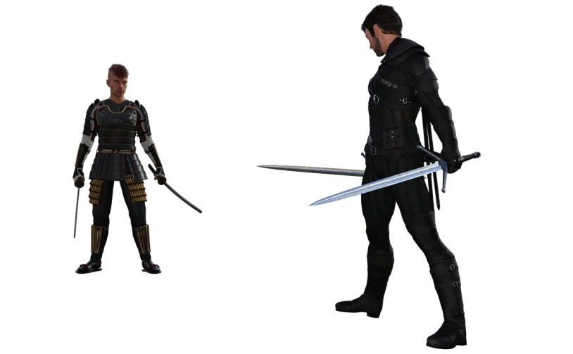 a couple of people standing next to each other holding swords, trending on polycount, black draconic - leather, high res render, sao, ps 3 screenshot