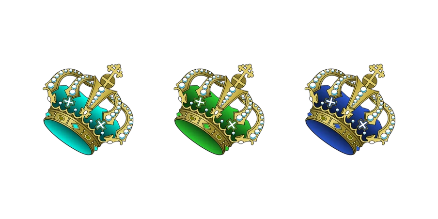 three different colored crowns on a black background, by Aleksander Kobzdej, pixabay, digital art, wearing elaborate green and gold, black and blue and gold jewelry, baroque object, family crest