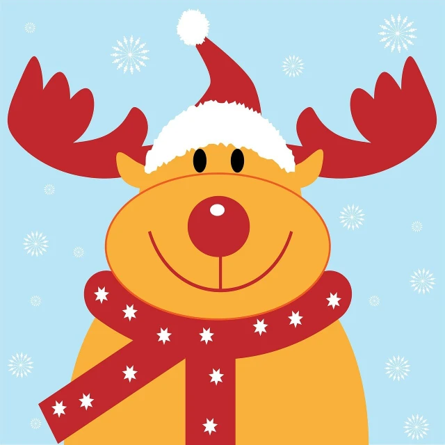 a cartoon reindeer wearing a santa hat and scarf, a cartoon, inspired by Rudolph F. Ingerle, shutterstock, naive art, - h 8 0 4, amber, 2 0 1 0 photo, smiling