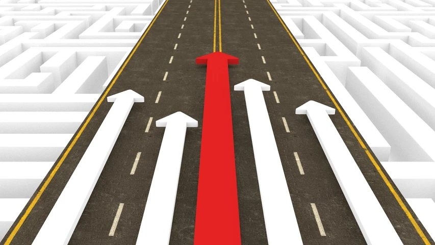 a red arrow in the middle of a maze, a digital rendering, happening, open road, istockphoto, long street, arrows