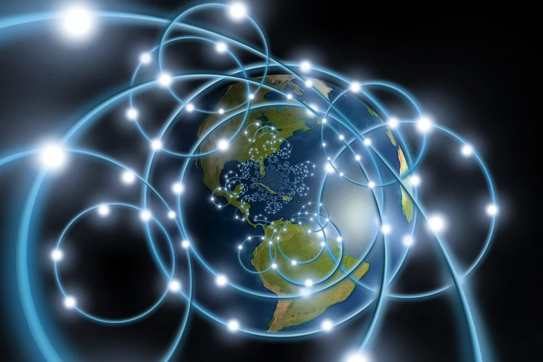 a picture of the earth surrounded by lights, digital art, immersed within a network, closeup photo, stock photo