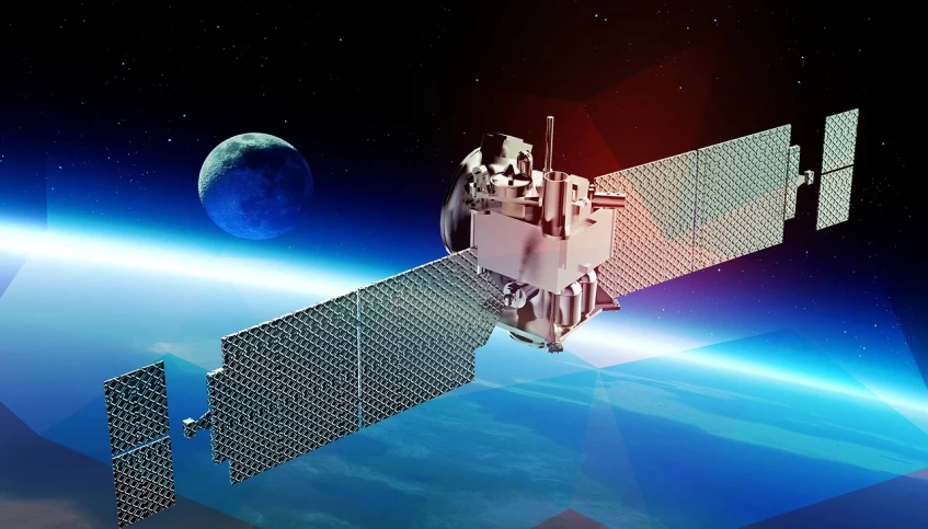 an artist's rendering of a satellite in orbit, a digital rendering, by John Luke, shutterstock, blue moon ray tracing, red shift render, commercial banner, radio equipment