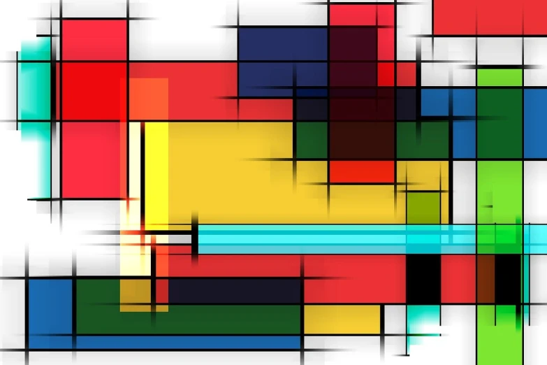 a colorful abstract painting of squares and rectangles, vector art, inspired by Mondrian, geometric abstract art, glowing stained glass backdrop, high definition screenshot