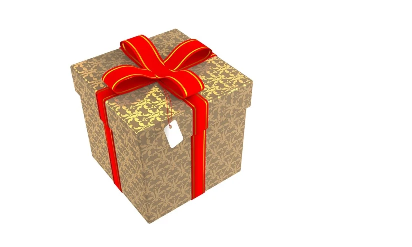 a brown gift box with a red ribbon, pixabay, computer art, gold and red filigree, seams, a brightly coloured, toy package