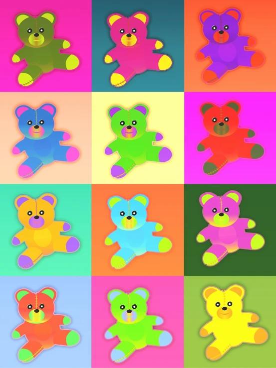 a bunch of different colored teddy bears on a colorful background, a digital rendering, inspired by Peter Alexander Hay, vectorised, color blocks, abcdefghijklmnopqrstuvwxyz, cad